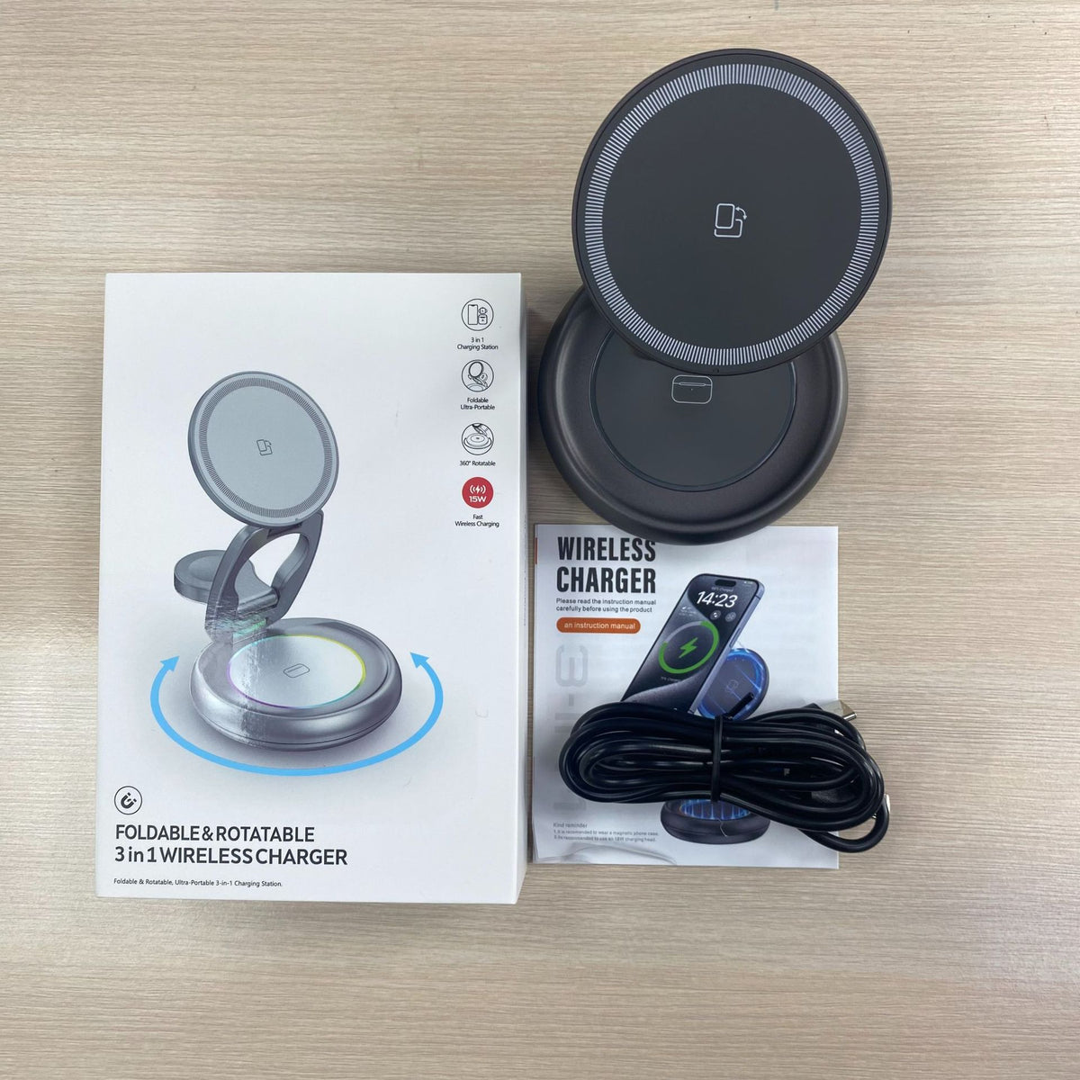 Folding three-in-one wireless charger