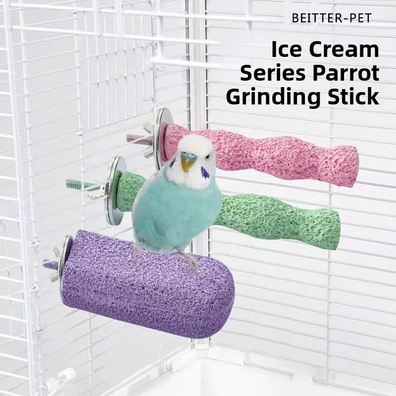 Parrot stands on the pole to sharpen its claws