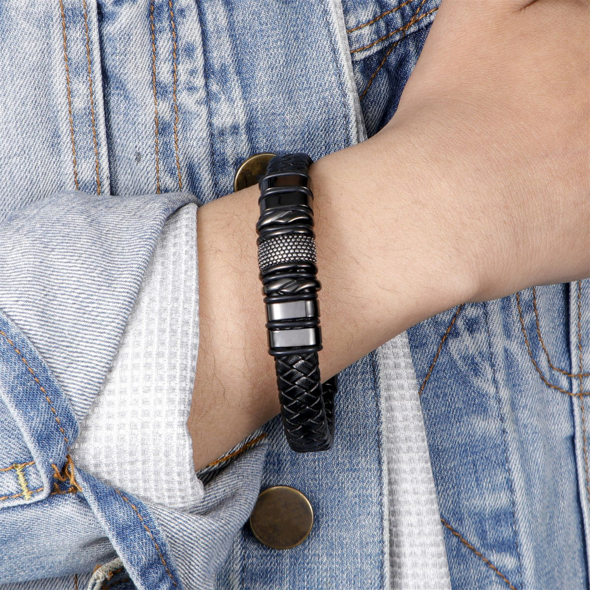 Magnetarmband i flätad läder – herr